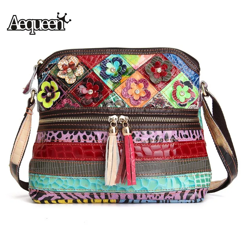 

AEQUEEN Women Genuine Leather Handbag Female Patchwork Flower Messenger Crossbody Bags For Ladies ShellBag Bolsa Random Color