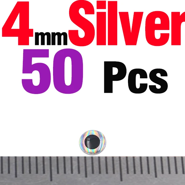 50PCS 4mm Silver MNFT 50 шт./лот, 3 мм, 4 мм, 5 мм, 7 мм, 9 мм, Chartreuse Eyes, 3D голографическая приманка для рыбалки, завязывающая глаза, приманки - Цвет: 50PCS 4mm Silver