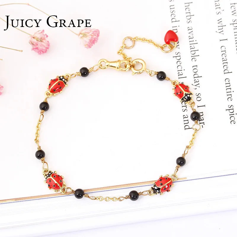 Juicy Grape Cute Ladybug Gilded Chain Handmade Enamel Link Bracelet For Women Fashion Jewelry Christmas Gift | Украшения и