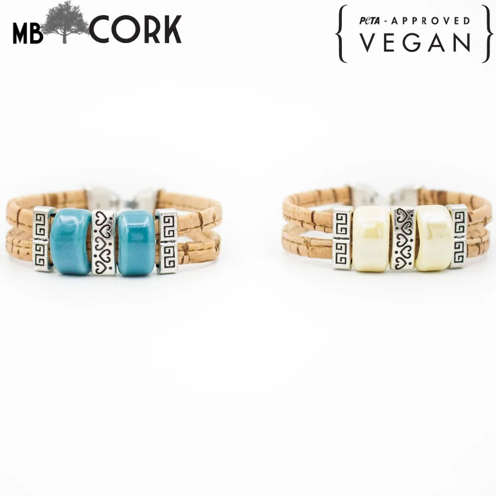 Natural cork bracelet with Ceramic beads women natural original handmade wood jewelry BR-405-6 | Украшения и аксессуары