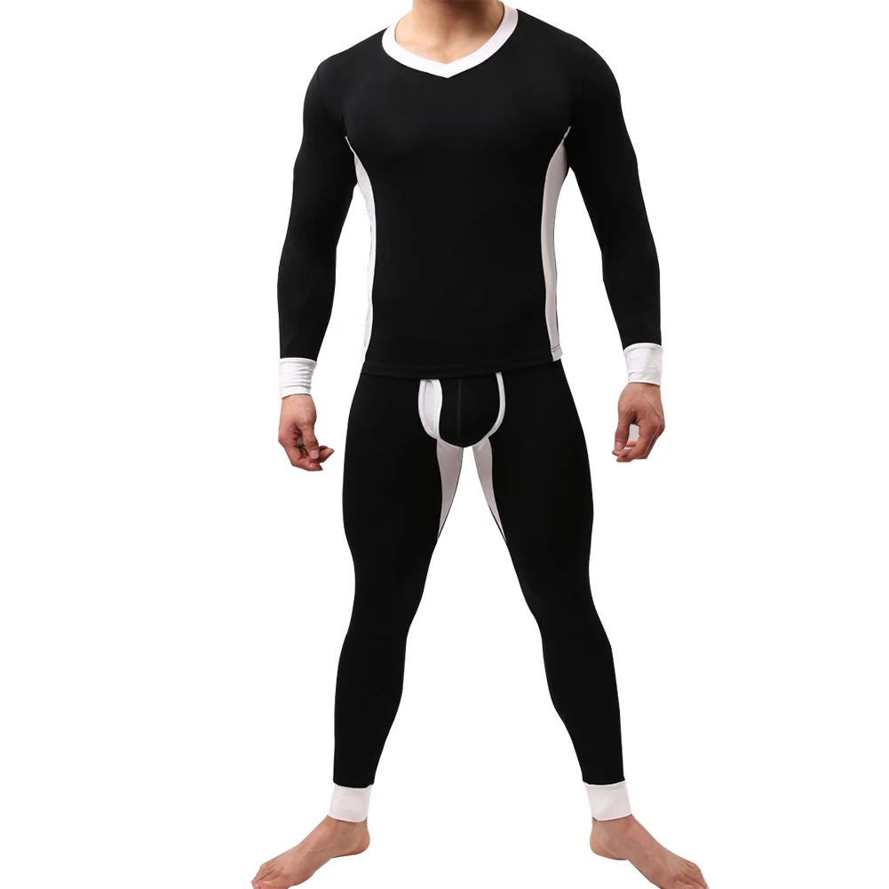 Winter Men Ultra Soft Color Block Thermal Underwear Set Top T-Shirt + Long Pants | Мужская одежда