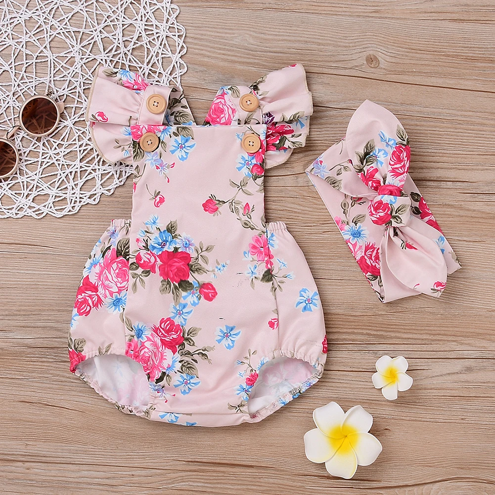 Newborn Infant Baby Girls Peony Flower Short Sleeve Romper + Headband Outfit Set | Детская одежда и обувь