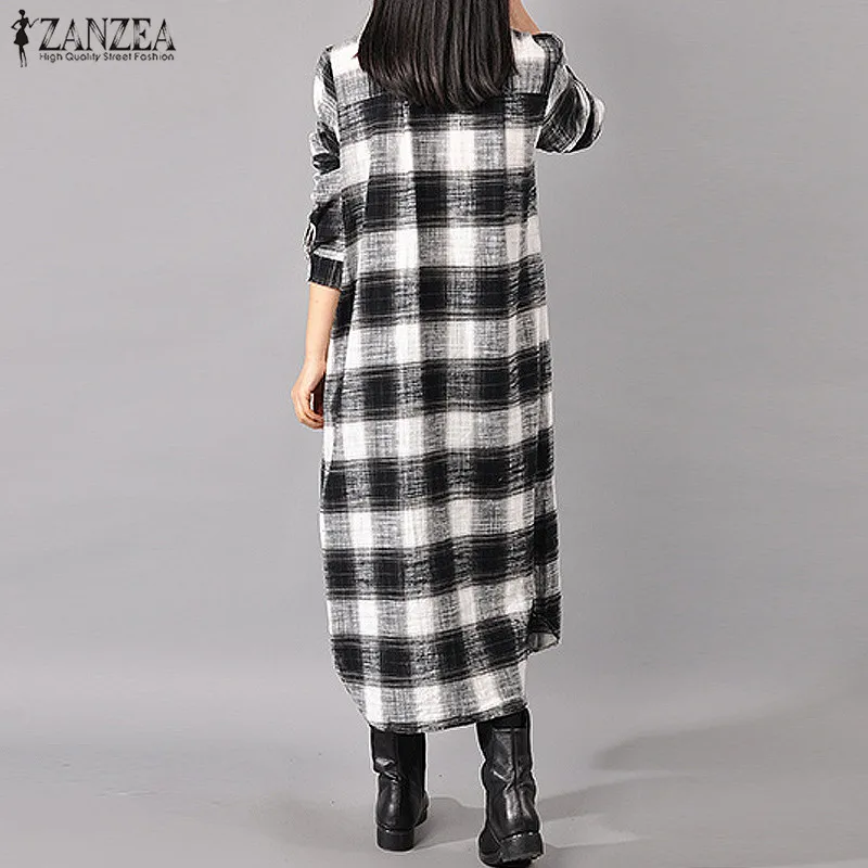 Платье ZANZEA женское длинное в клетку модная повседневная рубашка свободного