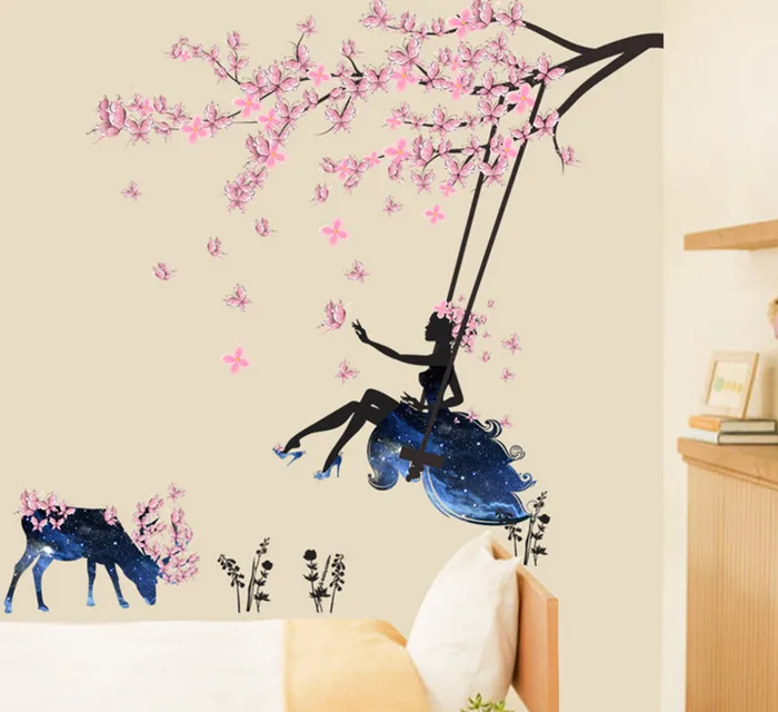 Романтическая сказочная раскачивающаяся Настенная Наклейка с цветами для