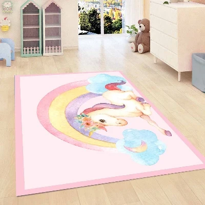 

Else Pink Border Rainbow Unicorn Horse Clouds Girls Room 3d Print Non Slip Microfiber Children Kids Room Decorative Area Rug Mat