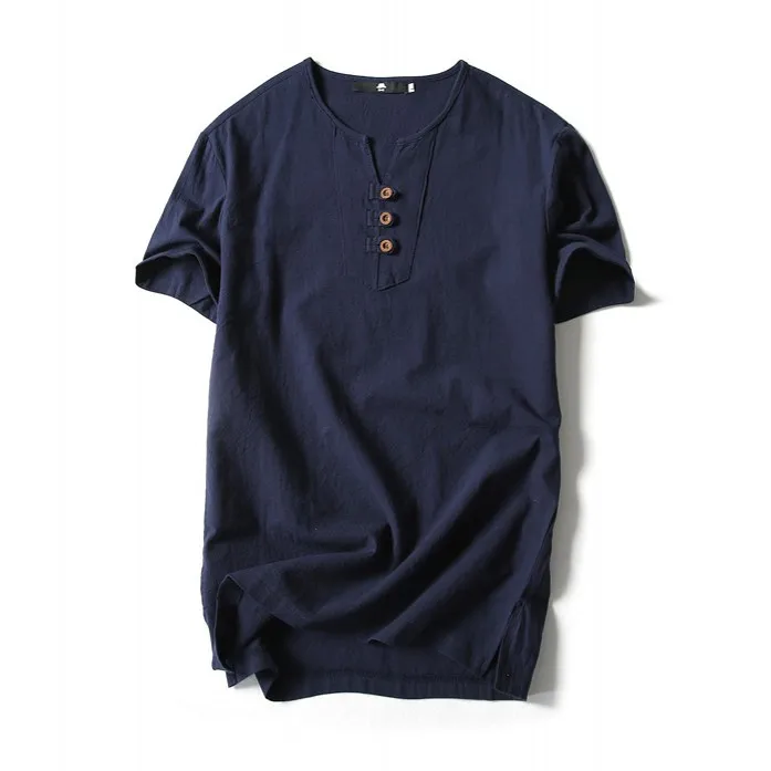 Бесплатная доставка Льняная мужская футболка с большим V образным вырезом в