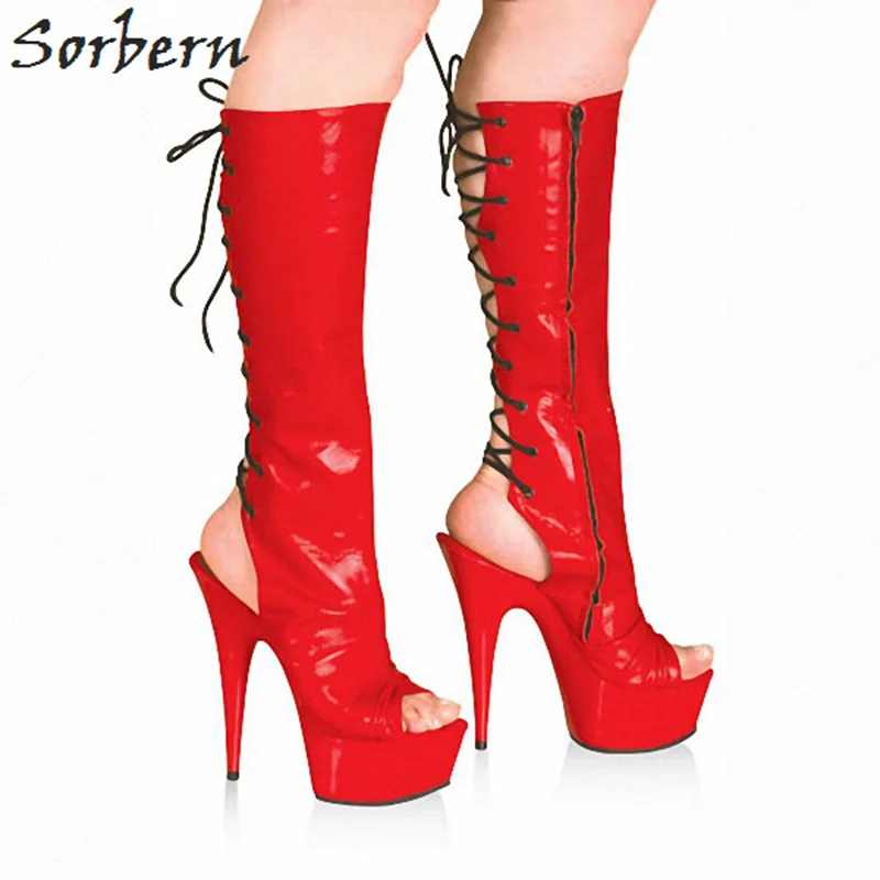 

Sorbern 13Cm New Knee High Boots For Women Open Toe Platform Heels Open Heels Customized Wide Calf Size Punk Dance Boots