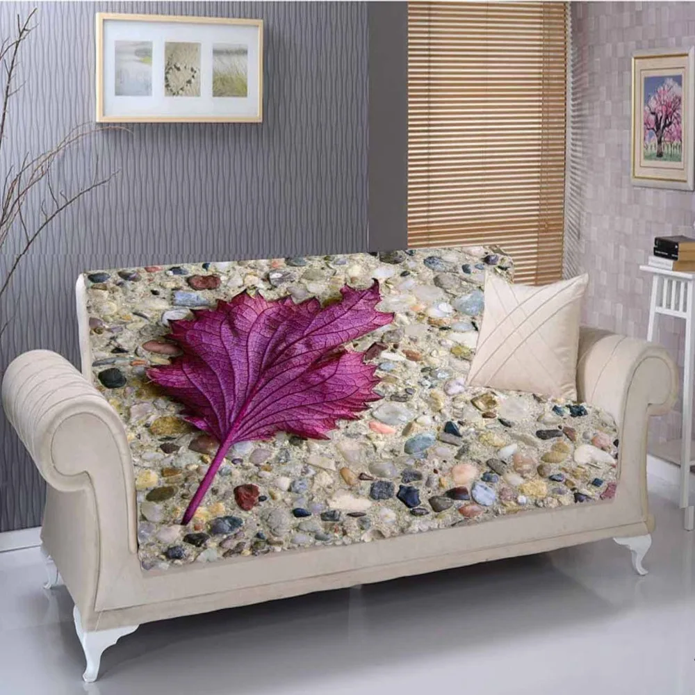

Else Brown Black Pebble Stones on Purple Leaf Floral 3D Living Room Stain Resistant Printed Furniture Protector Seat Sofa Cover