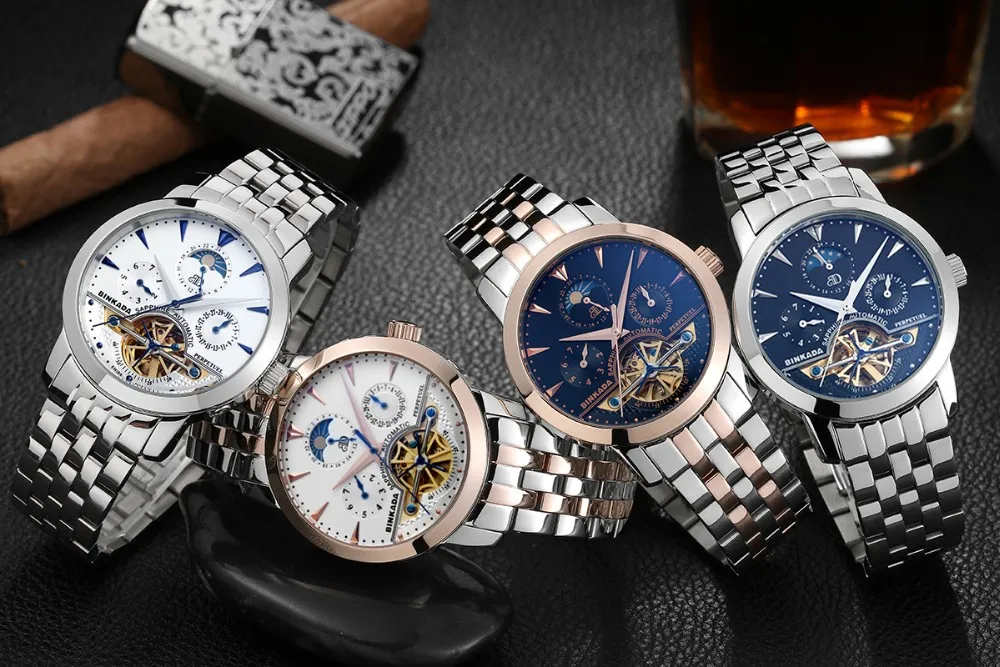 Скелет Бизнес Мужские автоматические часы Топ люксовый бренд спорт Tourbillon механические розовое золото повседневные само ветер BINKADA часы