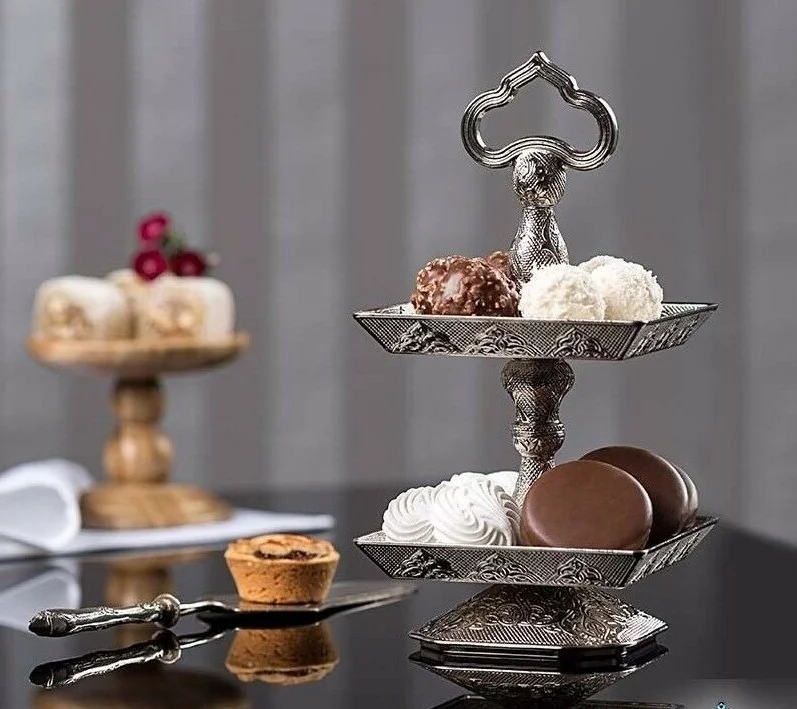 

Macaroon Dessert Tower Two Stand Holder Wedding Party Birthday New Silver Gold