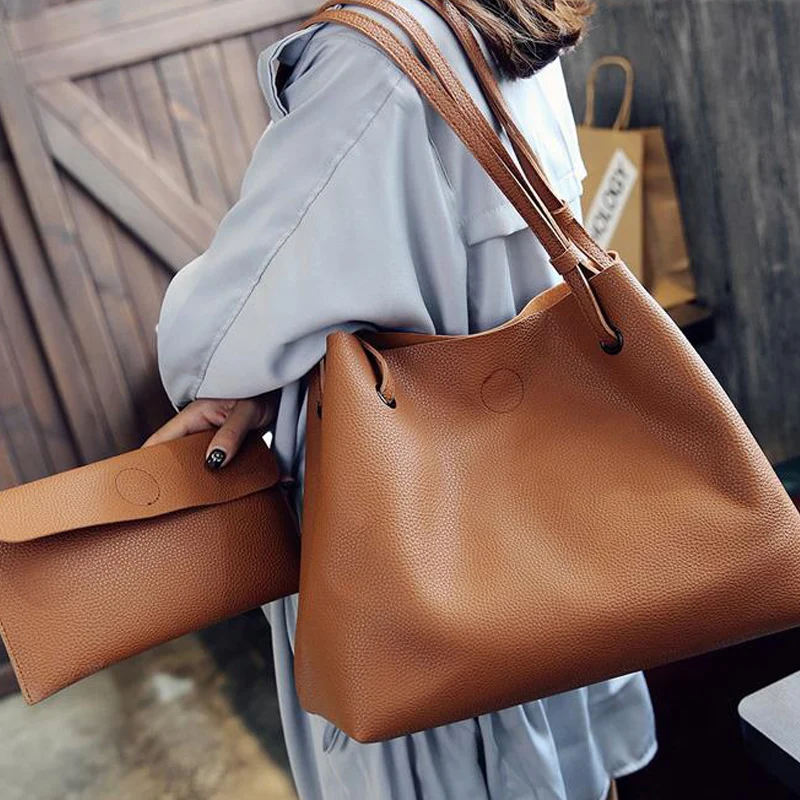 

Ruique Women Fashion Big Capacity Composite Bag Soft PU Leather Ladies Litchi Pattern Shoulder Bag Female Large Travel Tote Bag