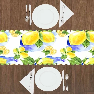 Еще желтые синие лимоны зеленые листья скатерть декор для кухни столовой свадьбы