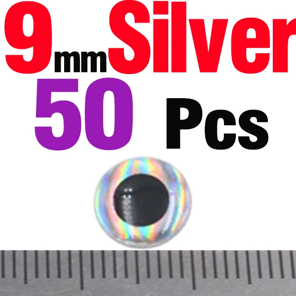 50PCS 9mm Silver MNFT 50 шт./лот, 3 мм, 4 мм, 5 мм, 7 мм, 9 мм, Chartreuse Eyes, 3D голографическая приманка для рыбалки, завязывающая глаза, приманки - Цвет: 50PCS 9mm Silver