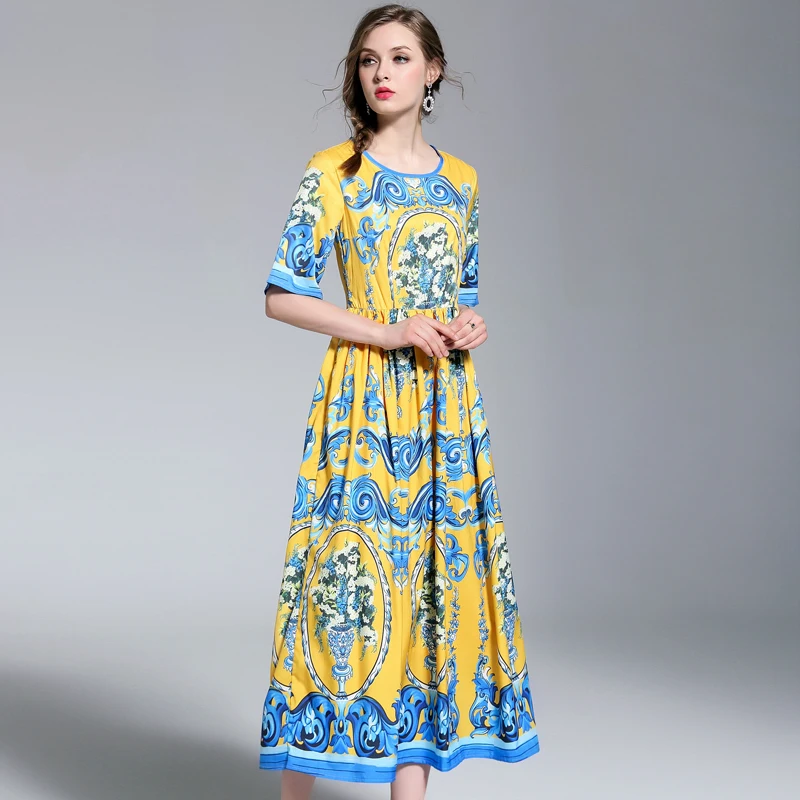 2018 длинное платье Лето модные короткий рукав Для женщин ретро печати Boho богемное