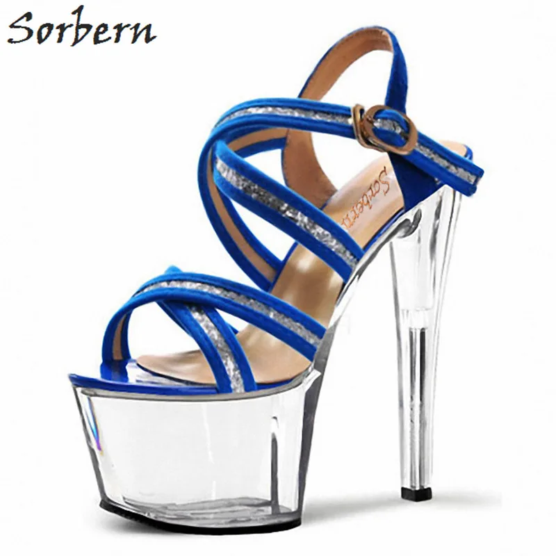 

Sorbern 15Cm/17Cm Royal Blue Heeled Sandals Sexy High Strap Sandals Designer Sandals Women Luxury 2018 Women Platform Shoes