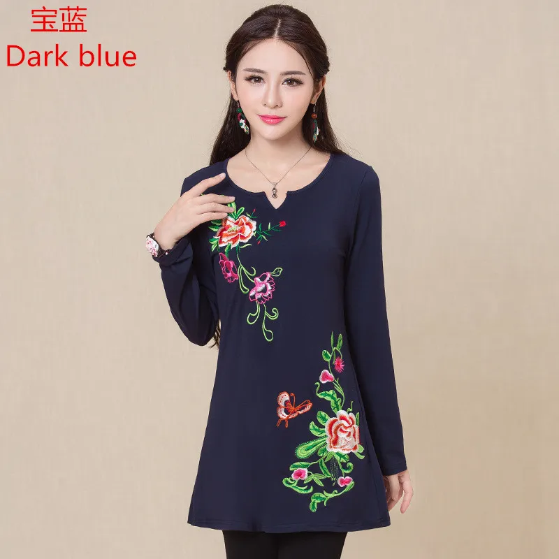 Long Sleeve Blue k Весенне-летняя женская футболка 4XL с вышивкой, черные, белые, Blusas Feminina, хлопковая футболка, качественная Элегантная футболка - Цвет: Long Sleeve Blue k
