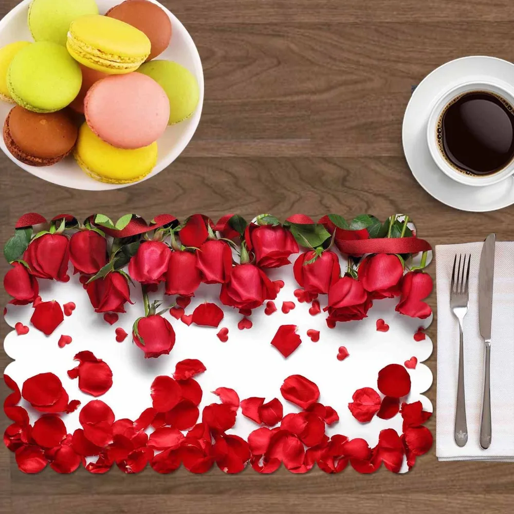 

Else Red Roses Leaves Romantic Love Flowers 4 Pcs 3d Print Washable Micro Fabric Table Placemat Pad for Dining Room Kitchen