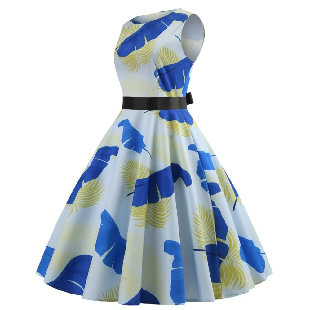 New retro dress temperament round neck sleeveless print black ribbon waist large swing dresses for womans |