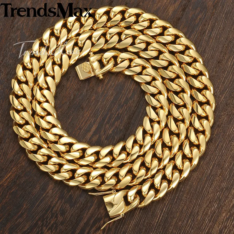 Trendsmax Майами Снаряженная Кубинский Мужская Цепочки и ожерелья цепи 316L Нержавеющая сталь в стиле «хип-хоп» цвет серебристый, Золотой Цвет 8/12/14 мм KHNM19