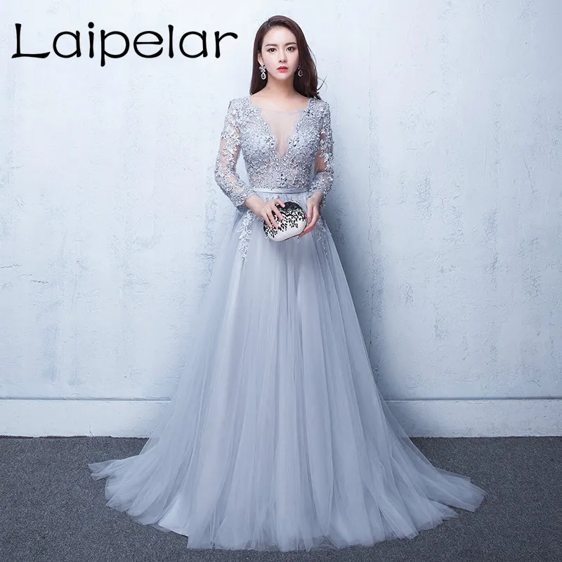 

Dresses 3/4 Sleeves Appliques Silver Formal Gown Long Evening Party Dress vestido de festa Laipelar