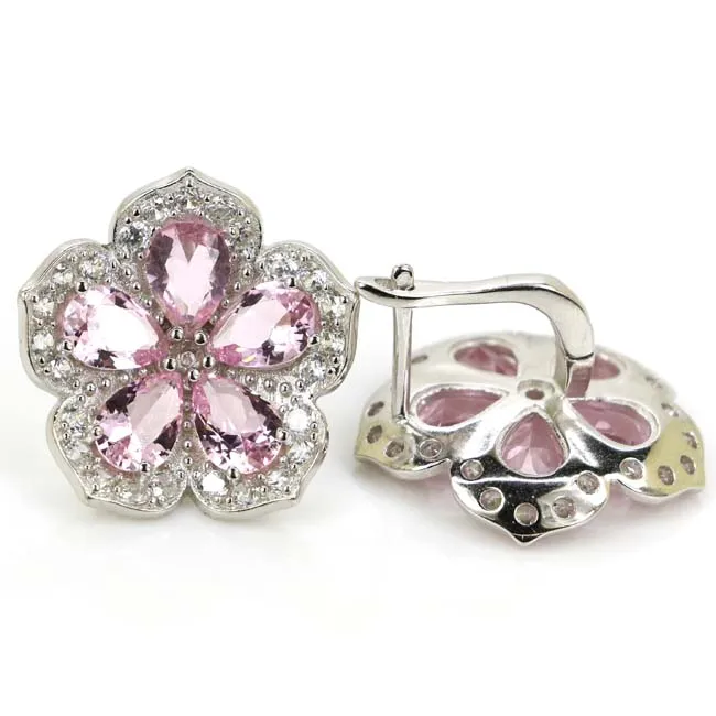SheType 8.3g Flower Shape Pink Kunzite Tanzanite White CZ 925 Solid Sterling Silver Stud Earrings 21x20mm | Украшения и