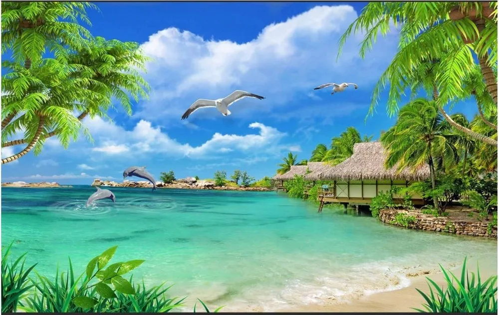 Custom 3d photo Wallpaper murals Mediterranean HD tree seaside landscape mural background wall decorative painting living room |