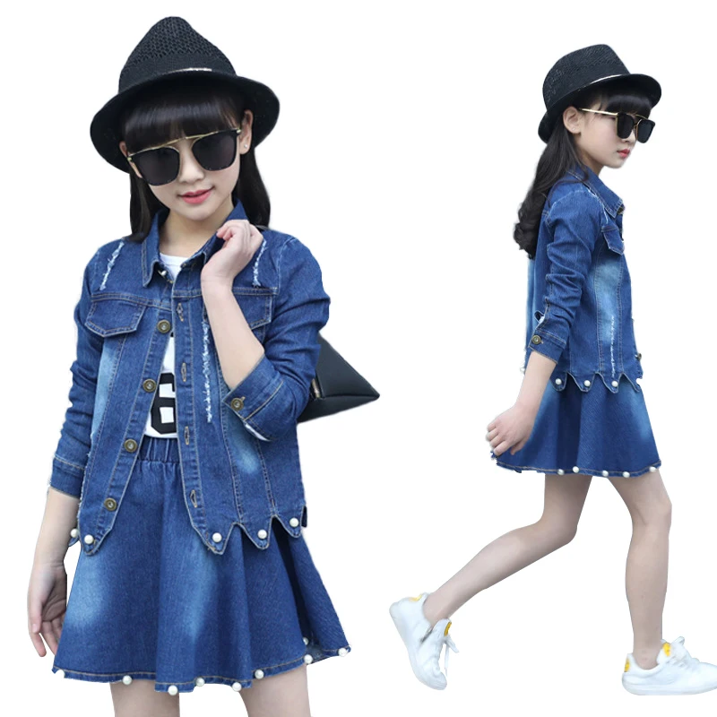 YOOY 2018 Jean Clothing Sets Girls Clothes Kids Denim Jacket+Dress Set Casual Children Autumn Solid Coat+Vestido Suit | Детская одежда