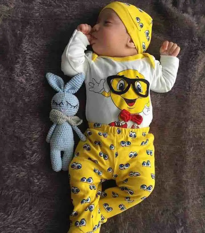 3Pcs Newborn Baby Boys Clothes Set Autumn Cotton Long Sleeve Cartoon Romper Tops+Small Eyes Pants+Hat Toddler Infant Clothing |