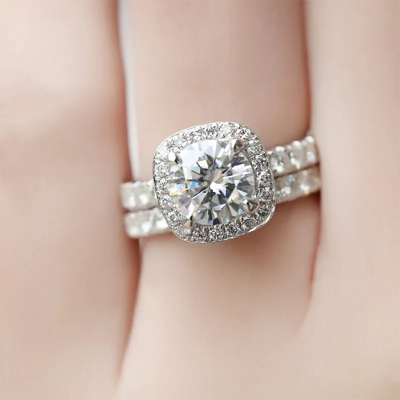 DovEggs 14K 585 белый золотой центр 1.5ct диаметр 7,5 мм F цвет круглый муассанит обручальное кольцо со светлым окаймлением обручальное кольцо набор для женщин