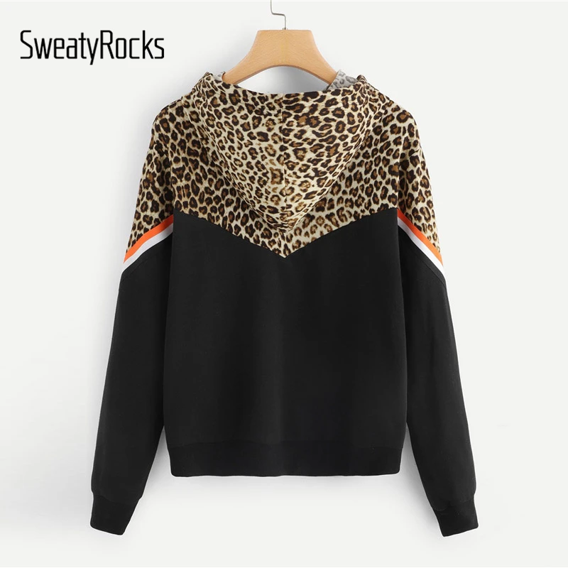 SweatyRocks Спортивная леопардовая контрастная полосатая Толстовка с длинным рукавом, Повседневный пуловер с капюшоном, свитшоты, осенние женские топы