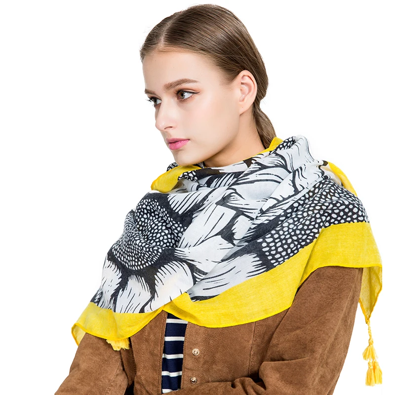 Шарф из хлопка и льна FS шали с кисточками в виде подсолнечника Пашмина женские