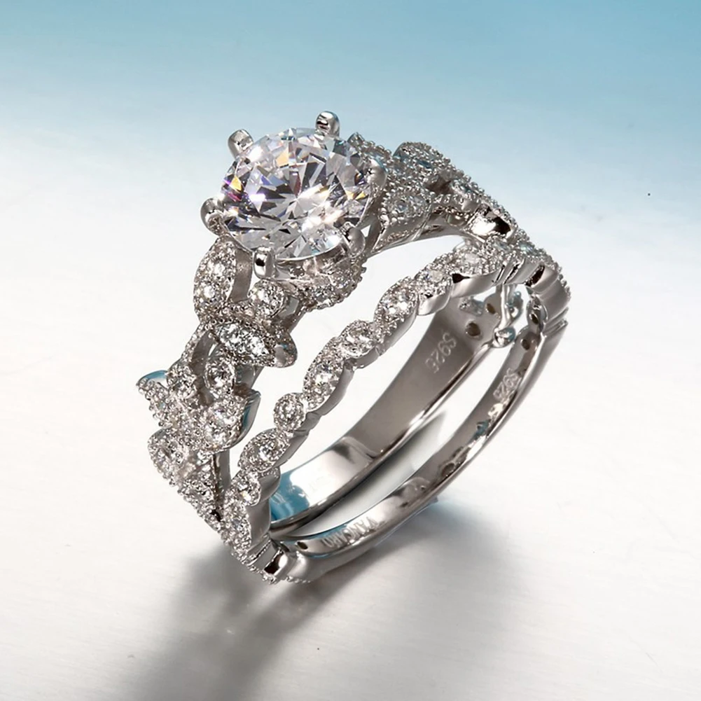 2 in 1 Leaf Design Shiny Zircon Finger Ring Set Luxury Women's Wedding Jewelry | Украшения и аксессуары