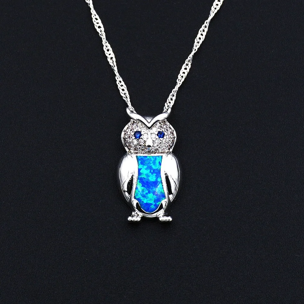 Vivid Owl Design Blue Fire Opal Pendant Necklace with CZ |