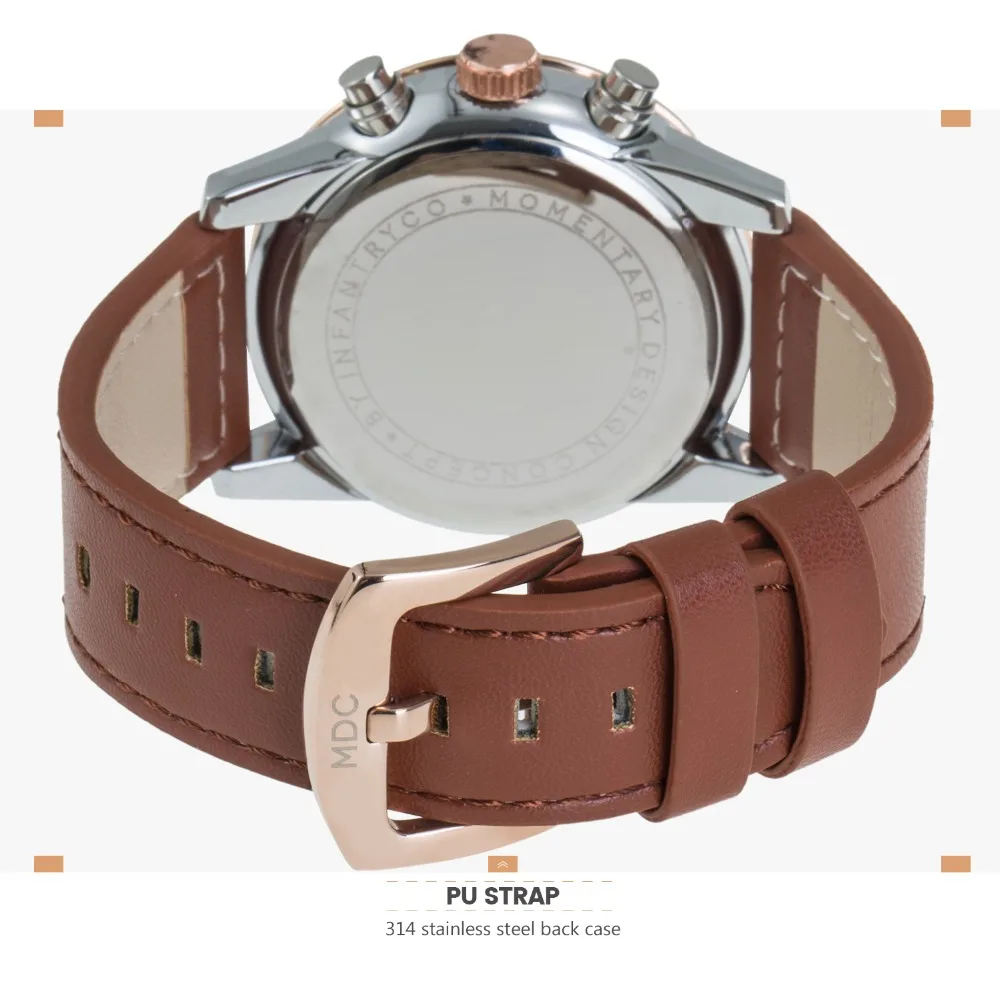 Часы хронограф мужские под розовое золото с кожаным ремешком|Кварцевые часы| |