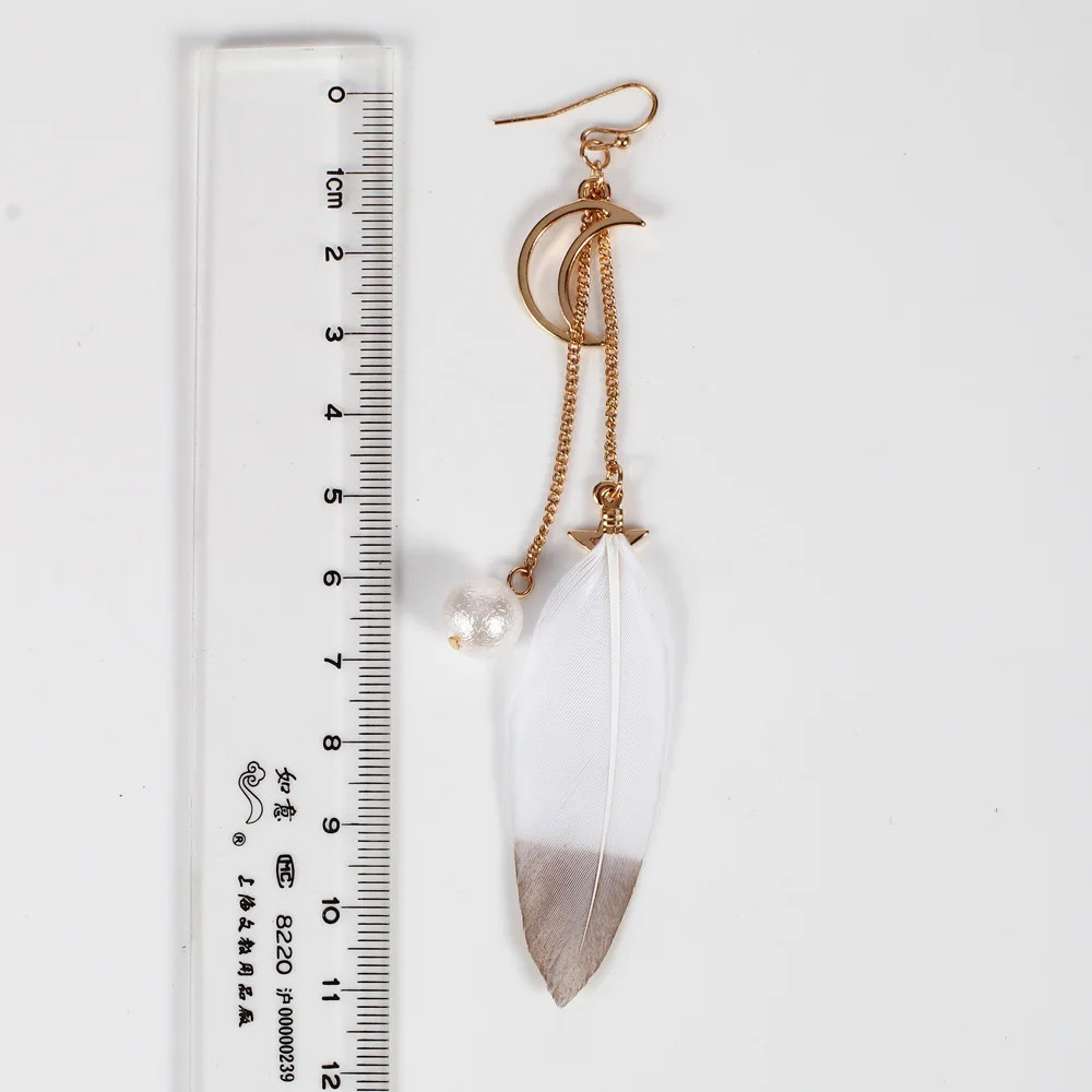 Popular Real Feather Asymmetric Earrings Gold Moon and Pearl Beads Drop Dangle Fashion Earring For Wedding Mother's Day Jewelley |