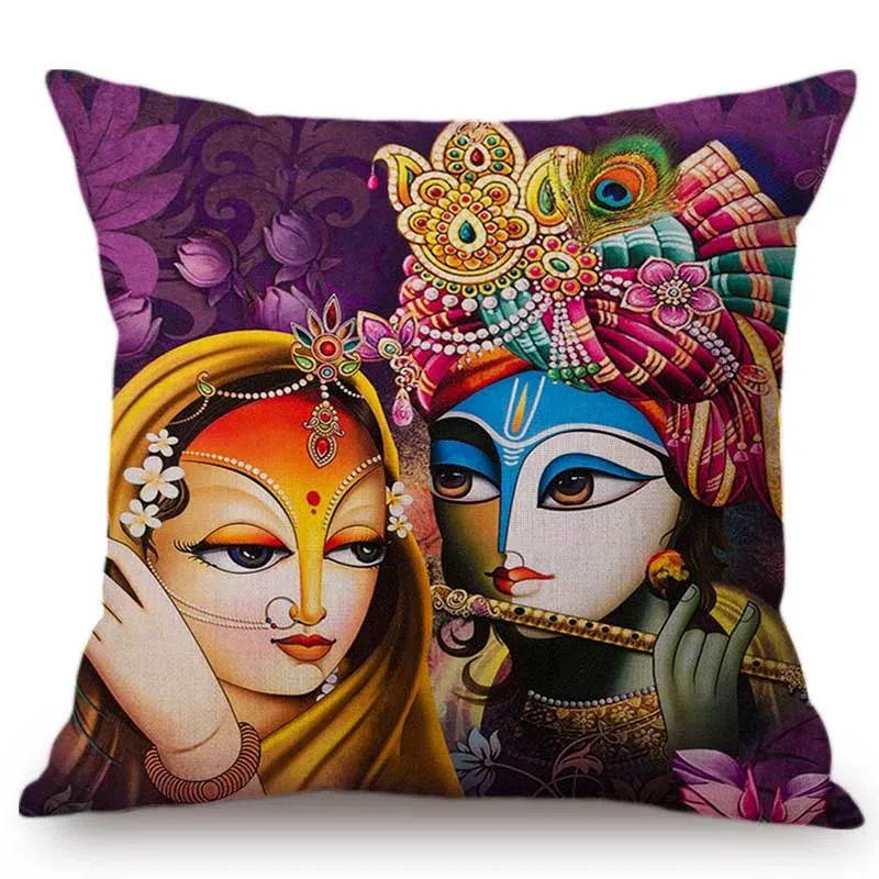 India Cultural Radha Krishna Oil Painting Valentine Day Home Decoration Sofa Throw Pillow Case Exotic Ethnic Linen Cushion Cover | Дом и сад
