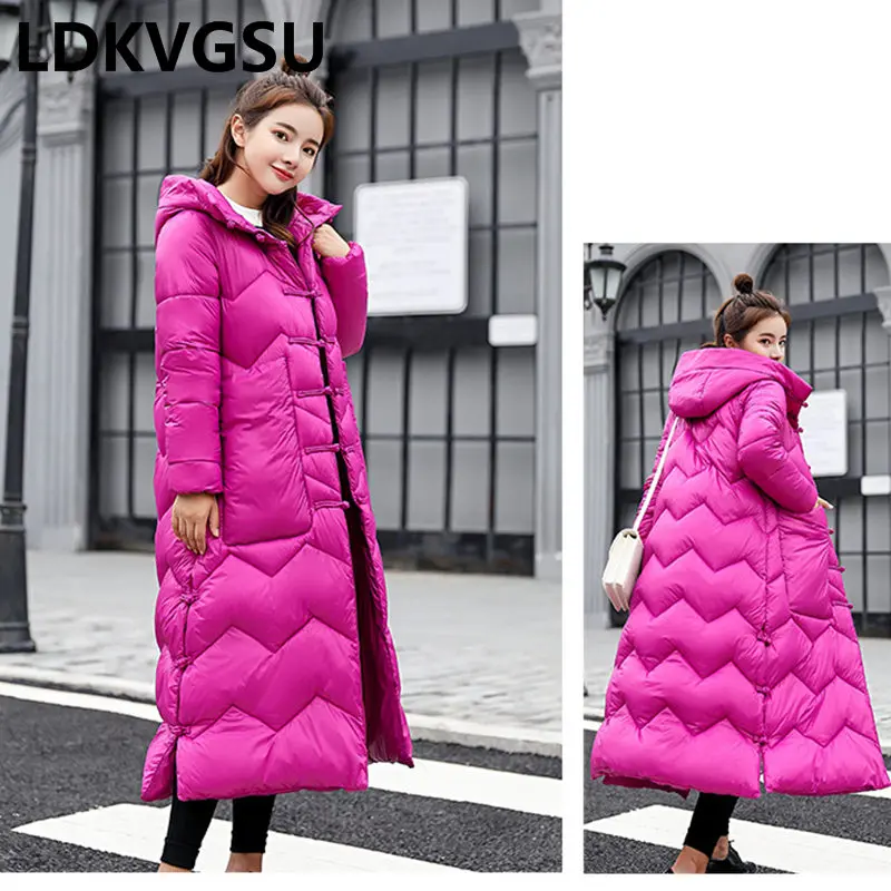 

2018 Winter National Wind Women Long Parkas Retro Disk Buckle Loose Large Size Thick Warm Over The Knee Down Cotton Coat Is815