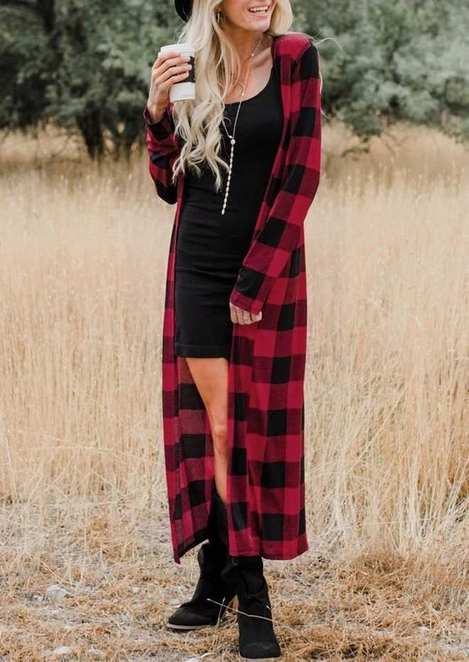 Женский клетчатый кардиган Длинный свободный свитер с длинным рукавом верхняя
