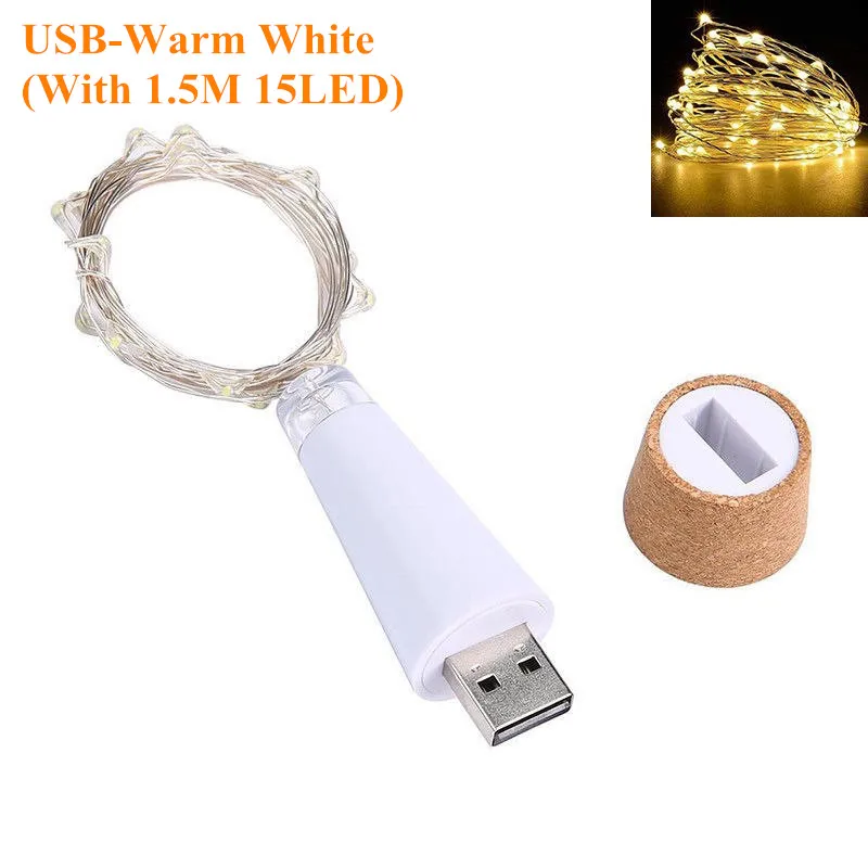 15 LED Warm White 1,5 м 15 светодиодный 3 цвета гирлянда бутылка струнный светильник s светодиодный в форме пробки светильник usb зарядка Сказочный светильник s рождественские украшения для дома - Испускаемый цвет: 15 LED Warm White