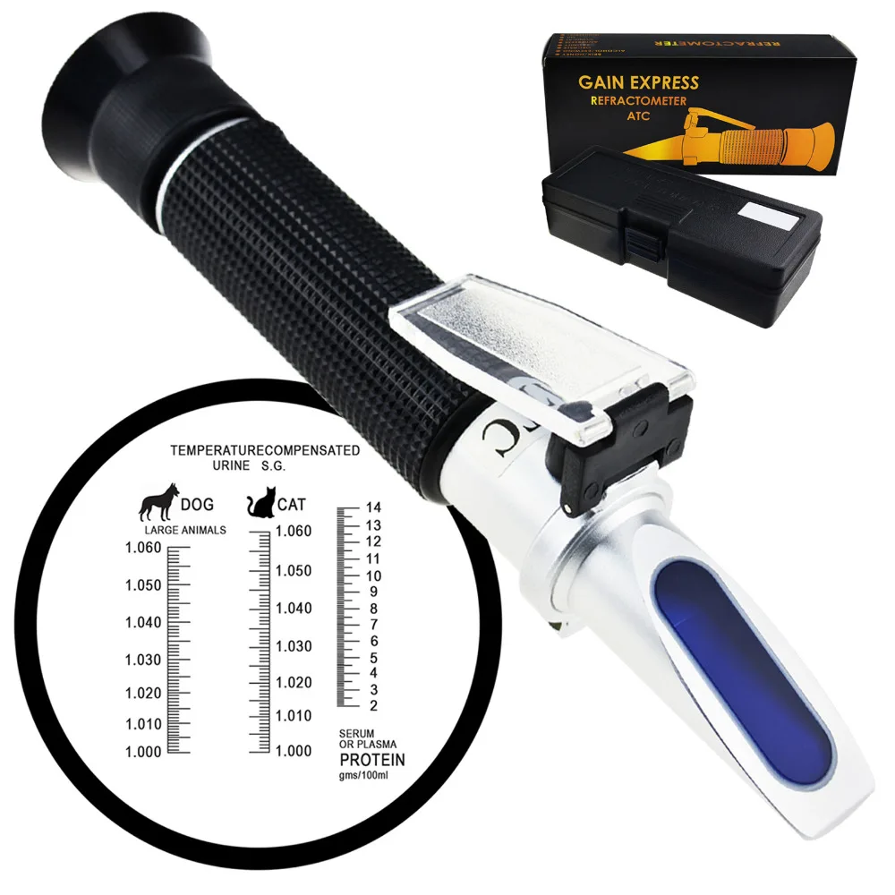 

Pet Clinical Refractometer with ATC Plasma Protein Test 2-14g/dl Urine Specific Gravity 1.000-1.060SG Tri-Scale Serum Veterinary