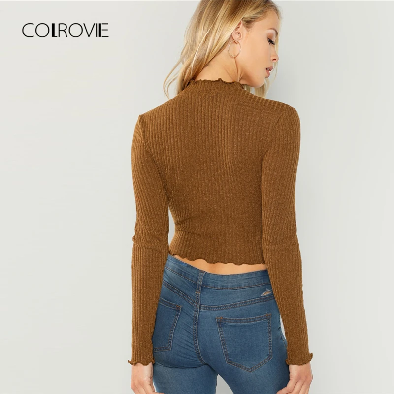 COLROVIE коричневый салат обрезать девушка короткая футболка для женщин осень черный корейский длинный рукав тройник сексуальные женские футболки женские топы тройник
