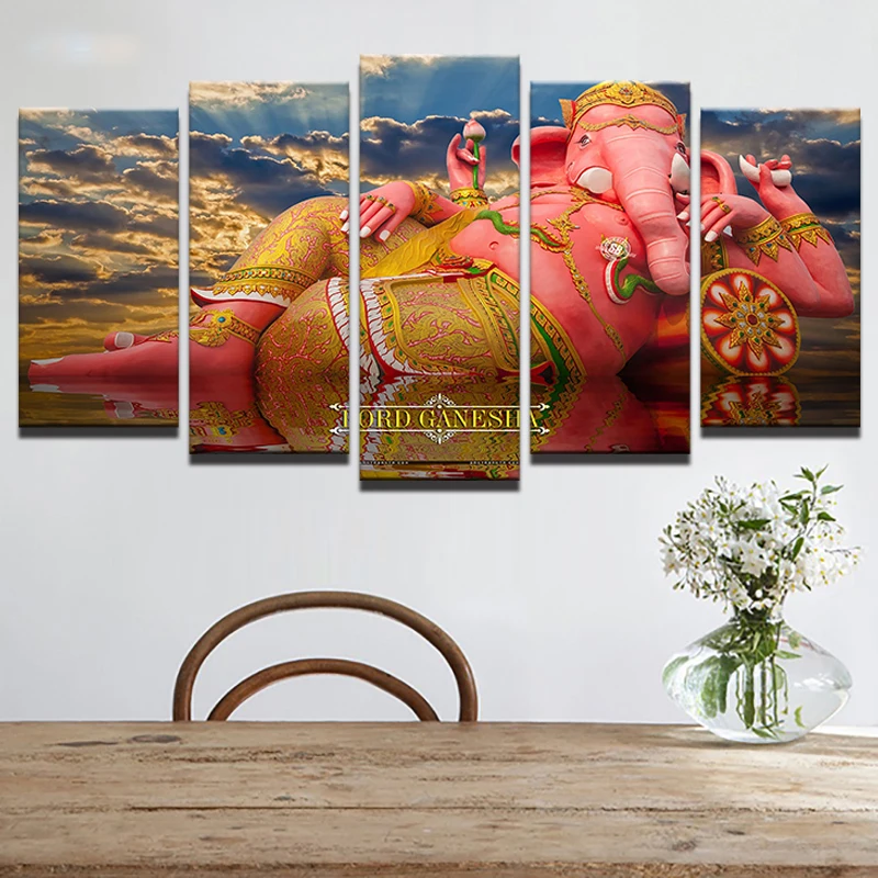 Modern Canvas Printed 5 Panel Elephant Trunk God Picture Cuadros Wall Art Painting Home Decor For Living Room Artwork Pictures | Дом и сад