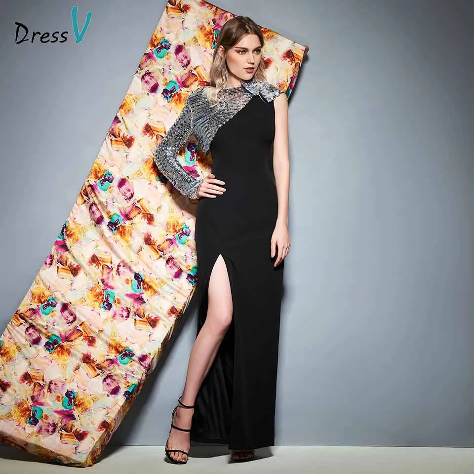 Dressv Черное вечернее платье на одно плечо с длинными рукавами и блестками длиной