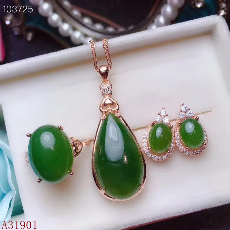 

KJJEAXCMY Boutique jewelry 925 Silver-inlaid Natural Hotan Jade Female Pendant + Necklace Ring Ear Nail Set Support Detection 2