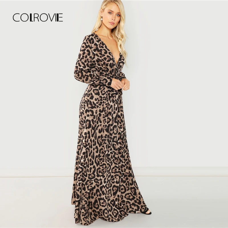 COLROVIE/сексуальное женское платье с бантом, глубоким v-образным вырезом и леопардовым принтом, осень, вечернее платье с длинным рукавом, элегантные платья макси для девочек