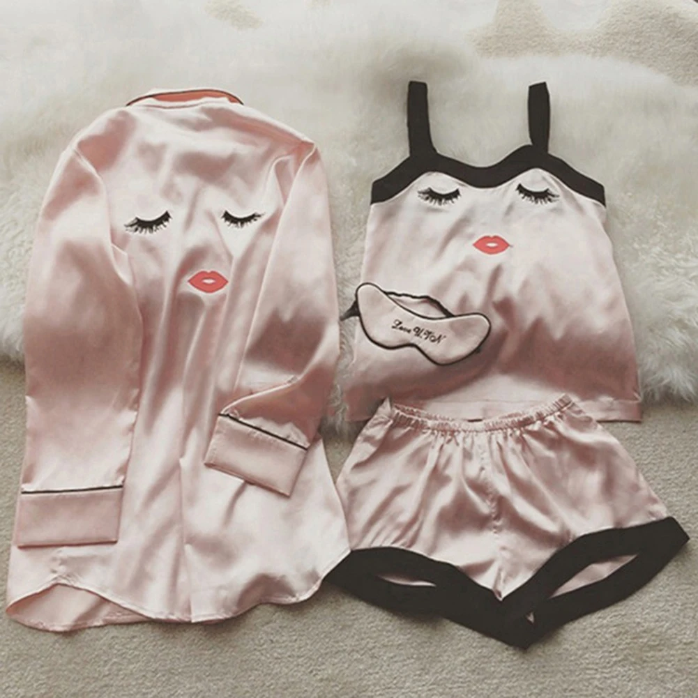 Розовые женские пижамные комплекты из 4 предметов шелковые пижамы в полоску на