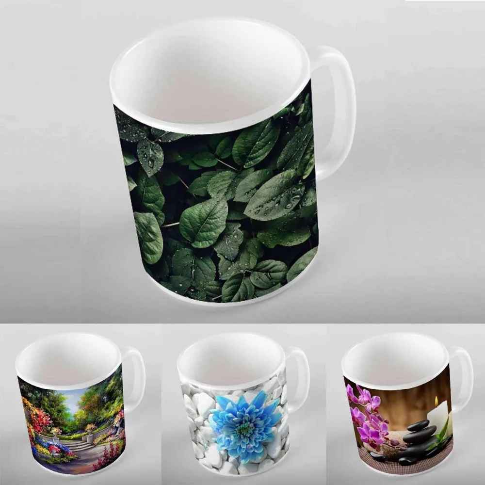 

Else Green Leaves Blue Flower Garden Stones 3D Digital Printing Modern Turkish Ceramic Porcelain Coffee Tea Milk Cup Mug