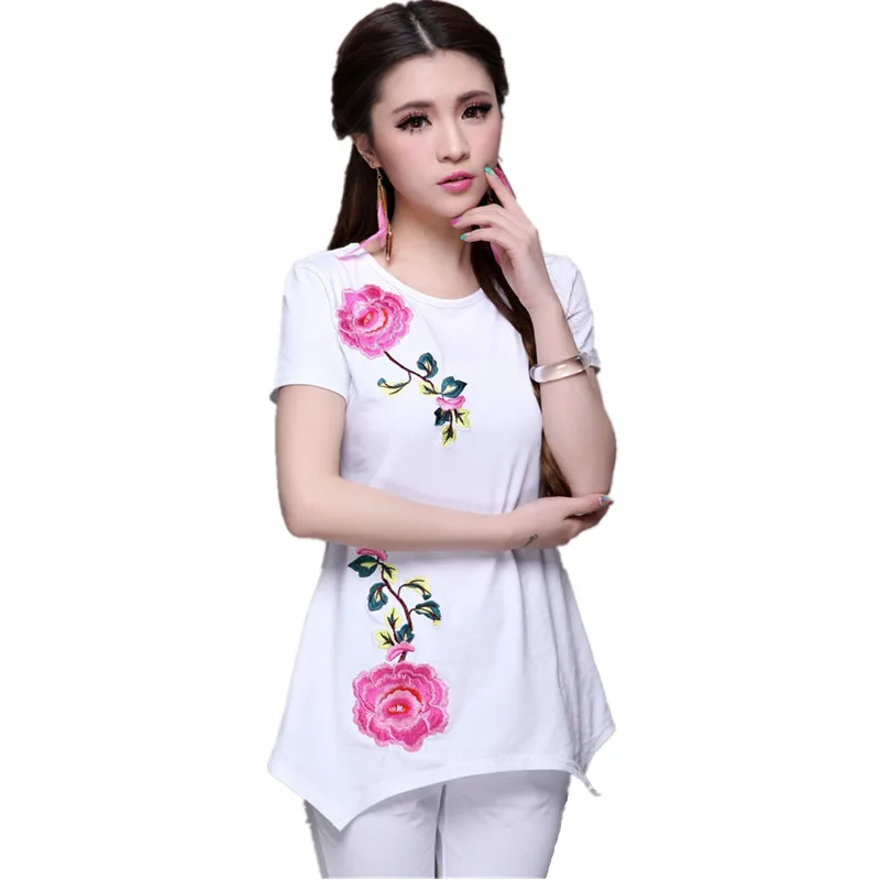 Short Sleeve White d Весенне-летняя женская футболка 4XL с вышивкой, черные, белые, Blusas Feminina, хлопковая футболка, качественная Элегантная футболка - Цвет: Short Sleeve White d