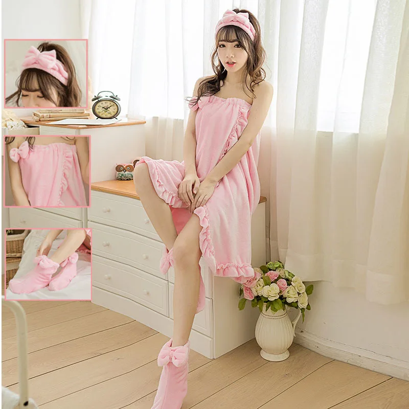 LADJMW High Quality Home Bathrobe Flannel Chest Bath Garment Lovely Winter Three-piece Towel Set | Дом и сад