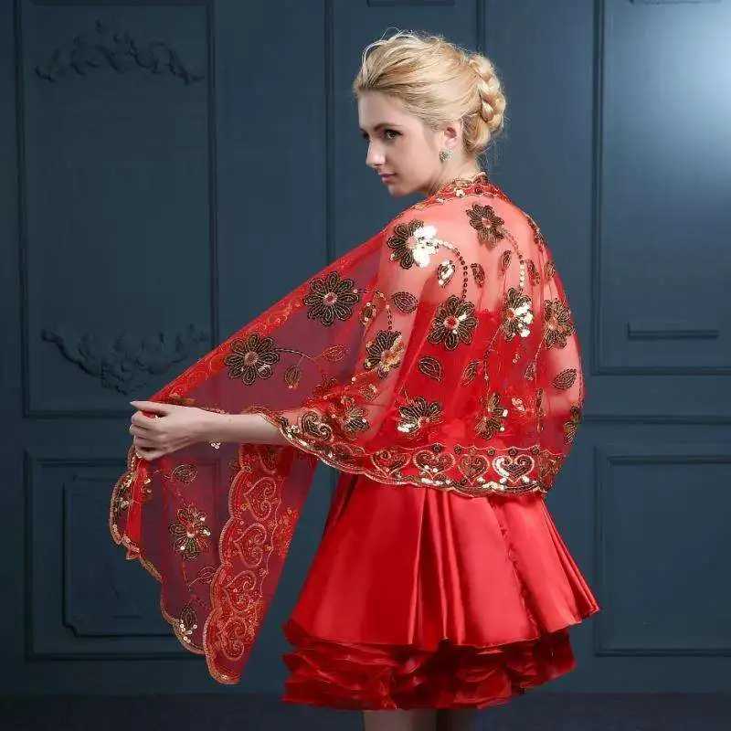 Red Bridal Wraps Lace Sequins Embroidery Wedding Belero Women Dresses Accessories Free Shipping Long Cape | Свадьбы и торжества